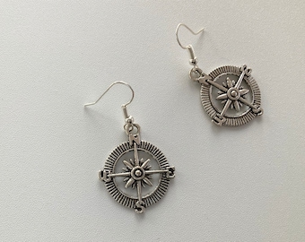 Silver Compass Charm Earrings