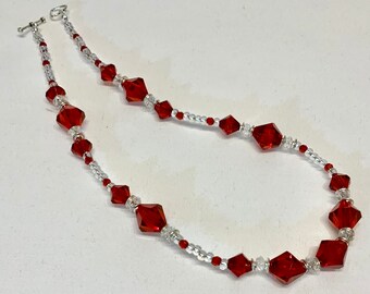 Bright Red Beaded Necklace with Matching Earrings