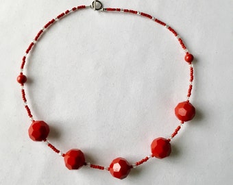 Bright red chunky bead necklace