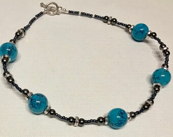 Blue with Grey Beaded Necklace and Earring Set