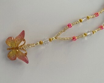Pink Beaded Necklace with a Butterfly Pendant