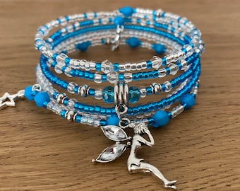 Blue Memory Wire Bracelet with Fairy Charm