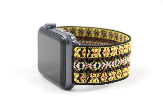 Elastic Apple Watch Band Yellow Black Woven Ethnic Pattern Etsy