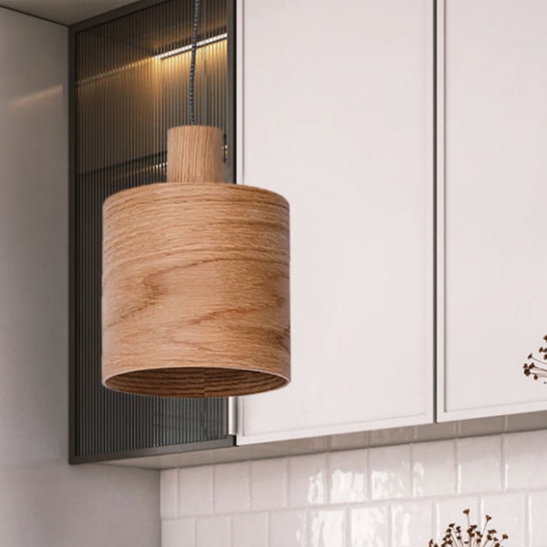 Oak kitchen island pendant light, Mid century lamp, Wood decor hanging lamp
