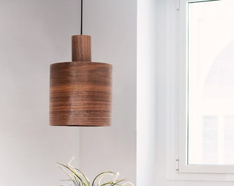 Walnut kitchen island pendant light, Mid century lamp, Wood decor hanging lamp