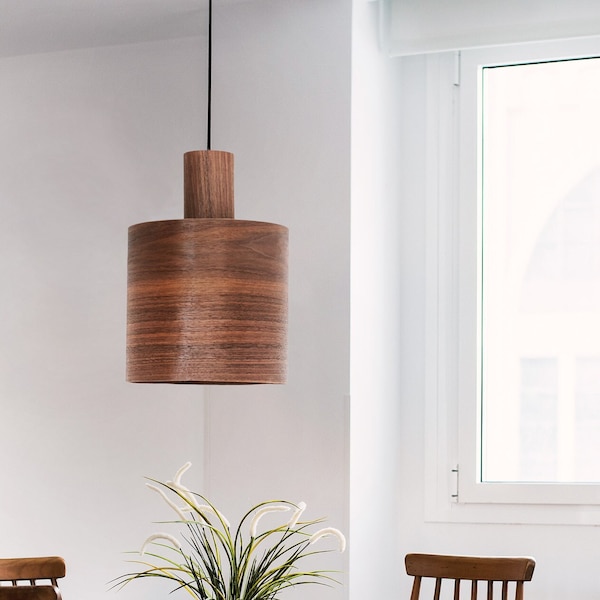 Walnut kitchen island pendant light, Mid century lamp, Wood decor hanging lamp