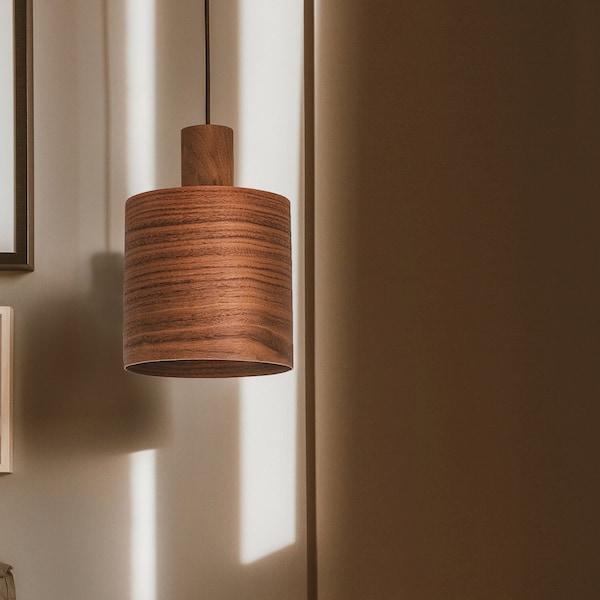 Walnut kitchen island pendant light, Mid century lamp, Wood decor hanging lamp