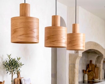 Set of 3 Oak Pendant Lights For Kitchen Island, Mid Century Wood Pendant Lamp Set for Modern Decor, Nordic Kitchen Lighting