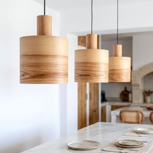 Set of 3 Olive Wood Pendant Light For Kitchen Island, Mid-Century Wood Hanging Lamp Set, Olive Wood Light Fixture for a Cozy Home
