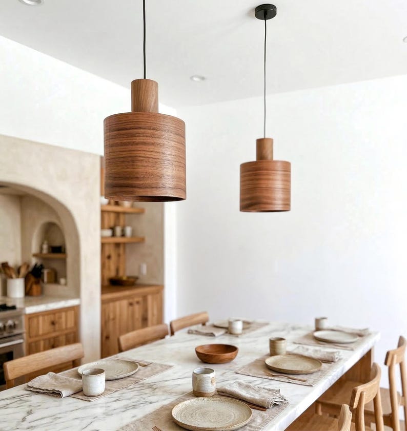 Wood pendant light made of walnut wood perfect for your kitchen or dining room. The right choice of modern chandelier will give your space the aura you desire
