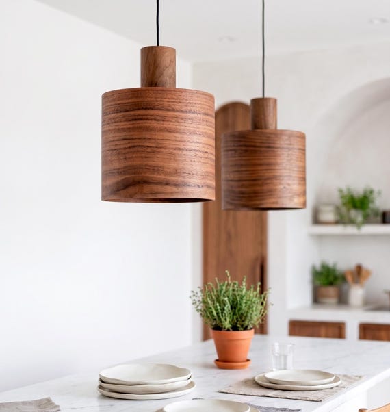 Rustic Walnut Light Fixture for Dining Room , Mid century Walnut Lamp, Wood Chandelier for Stylish Kitchen Decor
