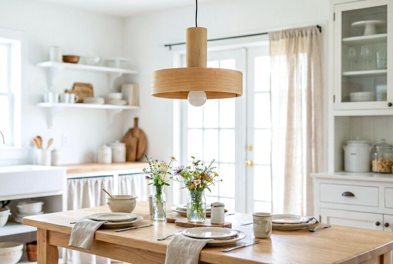 Mid century maple pendant light for dining table – Scandinavian wooden chandelier lighting