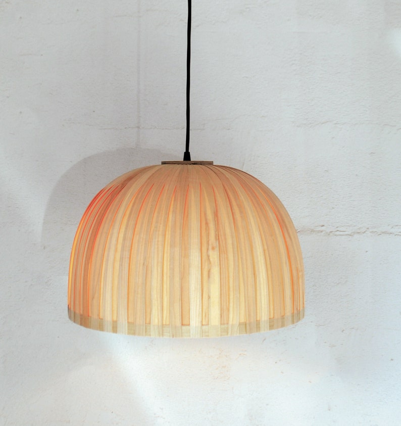 Minimal maple wood hanging lamp shade showing natural wood grain texture