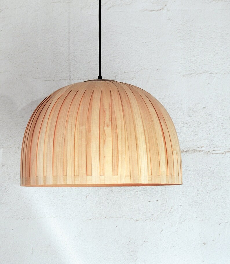 Minimal maple wood hanging lamp shade showing natural wood grain texture