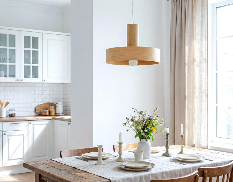 Mid century maple pendant light for dining table – Scandinavian wooden chandelier lighting