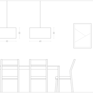 2D drowing showing the size of the ceiling light fixture in relation to a table