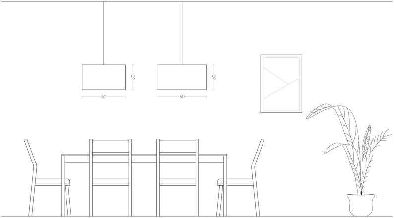 2D drowing showing the size of the ceiling light fixture in relation to a table