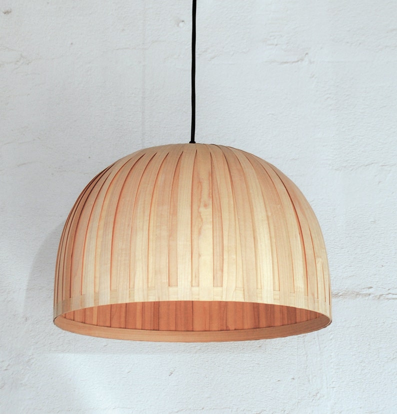 Minimal maple wood hanging lamp shade showing natural wood grain texture