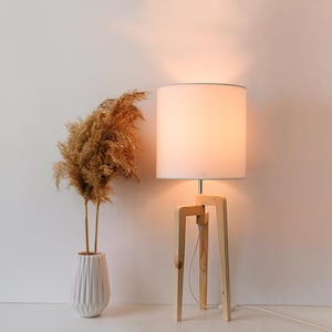 Wood base table lamp, Scandinavian decor tripod desk lamp, Rustic decor bedside lamp, Minimalist decor light fixture