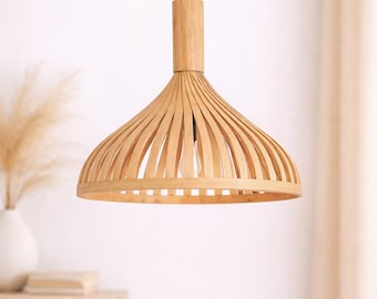 Bamboo Boho Lamp for Kitchen Island, Modern Wood Pendant Light Wabi Sabi Decor