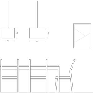2D drowing showing the size of the ceiling light fixture in relation to a table