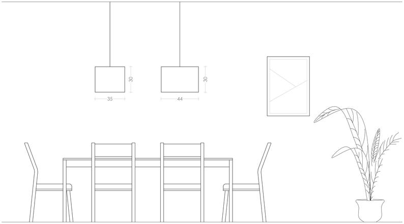 2D drowing showing the size of the ceiling light fixture in relation to a table