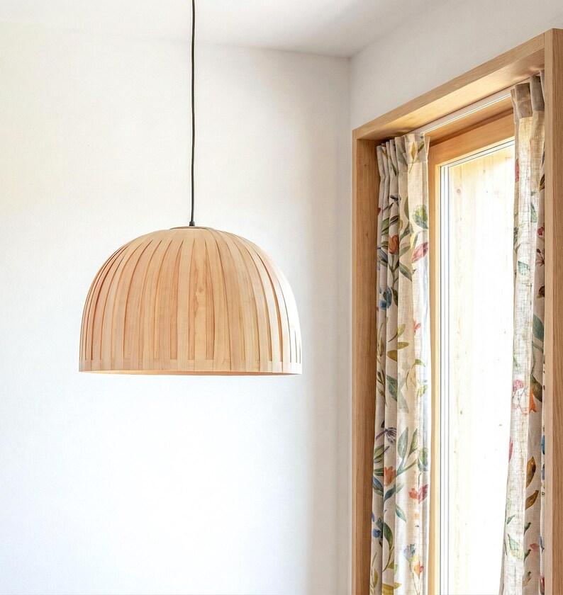 Minimal maple wood hanging lamp shade showing natural wood grain texture