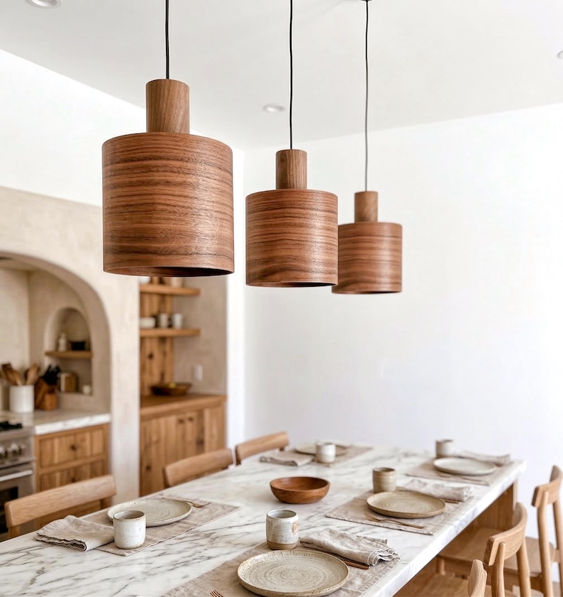 Wood pendant light made of walnut wood perfect for your kitchen or dining room. The right choice of modern chandelier will give your space the aura you desire