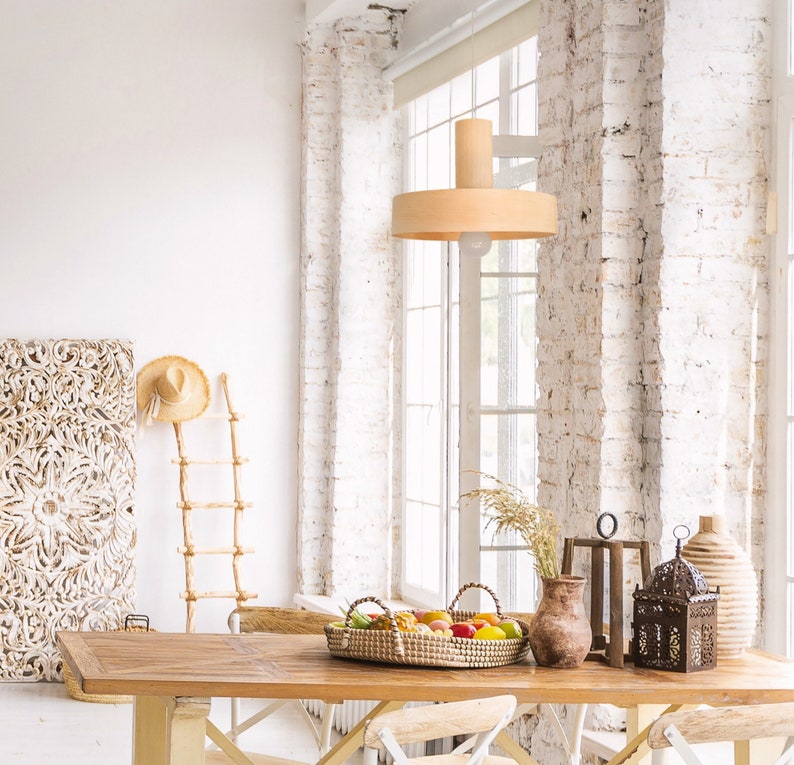 Mid century maple pendant light for dining table – Scandinavian wooden chandelier lighting