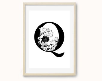 Initial letter illustrations, botanical art design , alphabet letters, letters Q-T A5 print