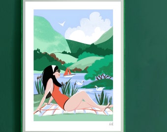 August in the Lake print - summer print - Lake District Print - Sunbathing Print