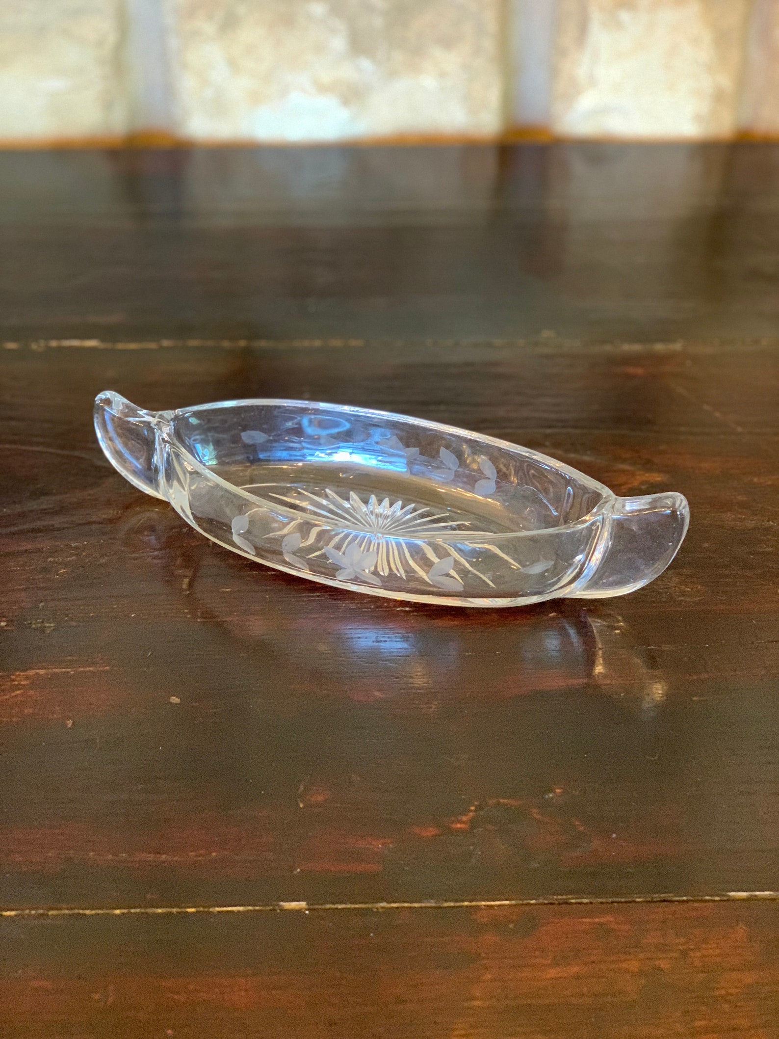 Canoe Shaped Etched Glass Relish Dish Etsy