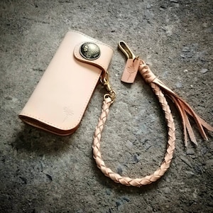 Cartera de motociclista y conjunto de cadena trenzada de cuero, billetera con cordón, billetera larga de cuero hecha a mano, cuero curtido vegetal, regalo personalizado