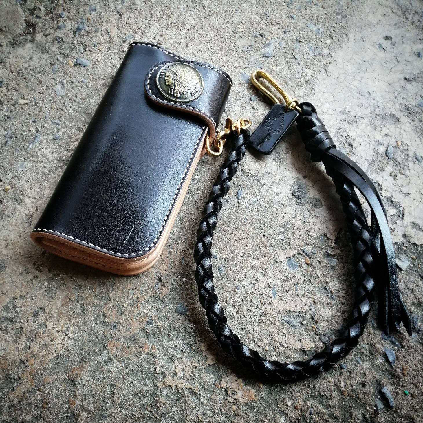 Handmade Leather Mens Chain Biker Wallet Cool Leather Wallet with Chain Wallets for Men Beige / with Chain + Belt Clip (A)
