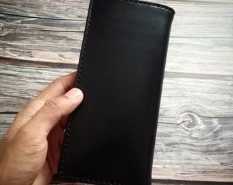 Cartera negra, Cartera larga de cuero hecha a mano, cuero veg-tan, cartera de mujer, cartera de hombre, color negro