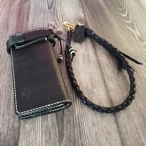 Cartera de motociclista con cadena trenzada de cuero, billetera negra, billetera con cordón, billetera larga, billetera para hombre, cuero curtido vegetal, billetera con cadena para motocicleta