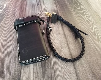 Handmade Veg Tan Leather Biker Wallet with Braided Chain