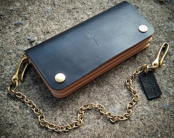 Handmade Veg Tan Leather Trucker Wallet with Brass Chain - Personalized Biker Wallet