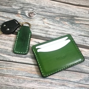 Portatarjetos, Cartera de tarjeta, Cartera de cuero minimalista, Cartera de color verde, Cuero Vegtan, Regalo