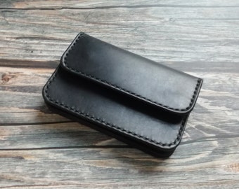 Handmade Black Leather Mini Wallet: Veg-Tan Minimalist Design