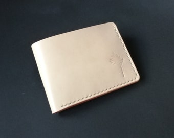 スリムな二つ折り財布、ハンドメイドのベジタブルタンニンレザー、パーソナライズされたギフト