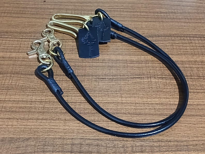 Black Leather Rope Wallet Chain, Solid Brass Lanyard, Biker Key Strap, Tree Works Logo image 11
