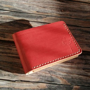 Carteras delgadas, billetera de bolsillo, billetera plegable hecha a mano, billetera de cuero, color rojo caramelo, cuero curtido vegetal de alta calidad, regalo personalizado