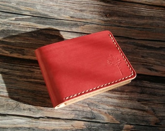 Handmade Candy Red Leather Bifold Wallet: Slim Veg-Tan Wallet