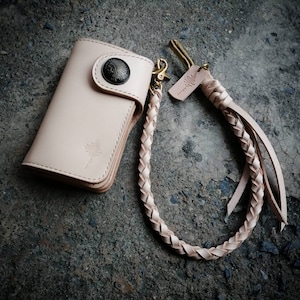 Cartera de motociclista mediana y cadena trenzada, cartera con cordón, cartera hecha a mano con cadena, cartera de hombre, cartera de cuero curtido vegetal, regalo personalizado