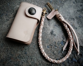 Biker Wallet Handmade Veg Tan Leather with Braided Chain, Personalized