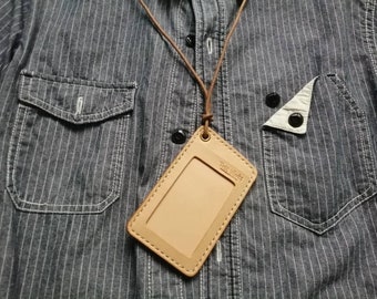 Veg Tan Leather ID Badge Holder, Leather Lanyard, Personalized Gift