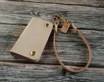 Handmade Veg Tan Leather Trucker Wallet with Brass Chain - Personalized