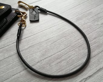 Black Leather Rope Wallet Chain, Solid Brass Lanyard, Biker Key Strap, Tree Works Logo