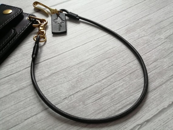Black Leather Rope Wallet Chain, Solid Brass Lanyard, Biker Key Strap, Tree Works Logo